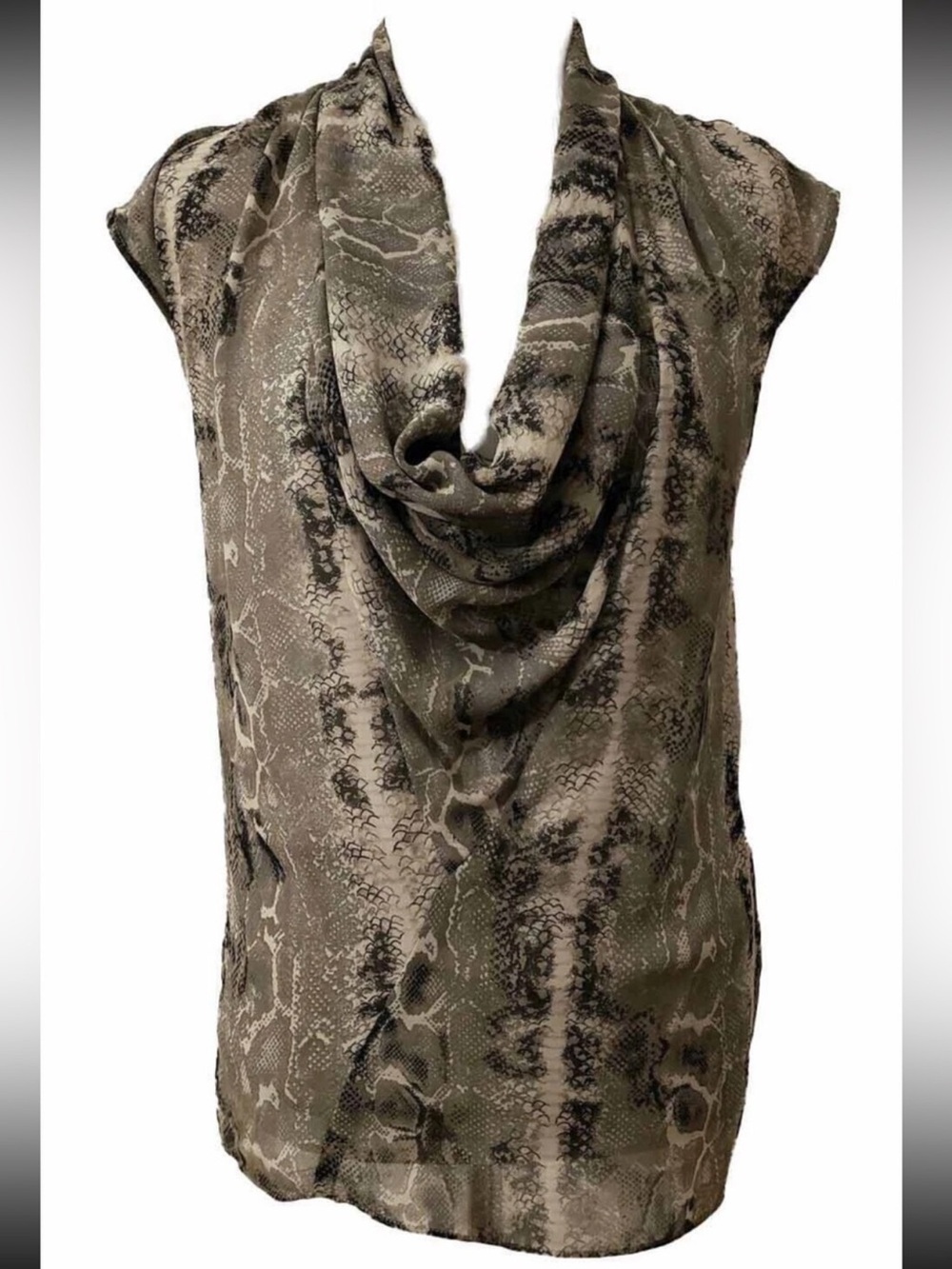 Flowy Sleeveless Cowl Neck Blouse Top Beige Olive Snake Print Heed Large